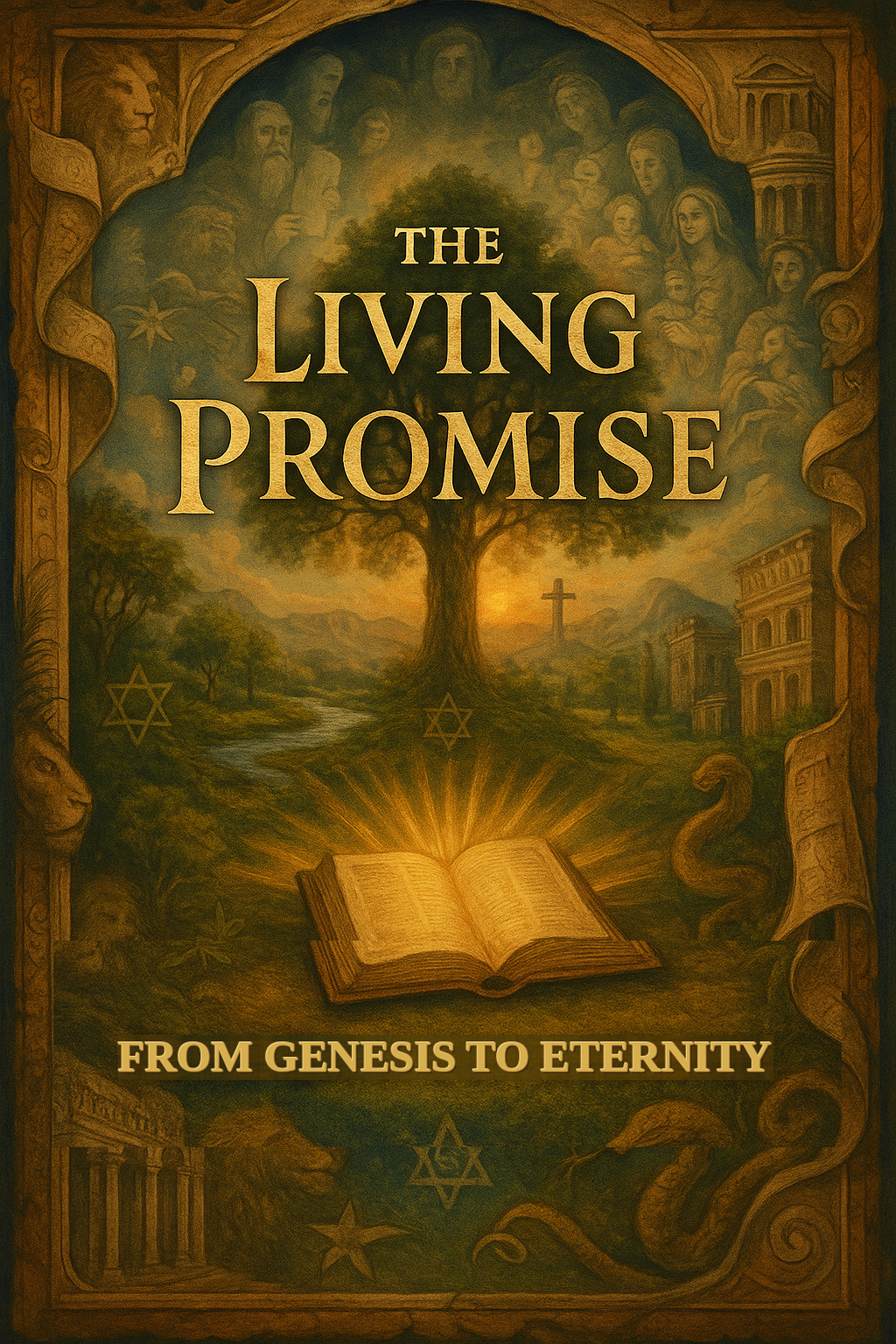 Book cover of The Living Promise by Dr William Peter Boyd: a golden open book, a tree, a distant cross, and the subtitle From Genesis to Eternity.