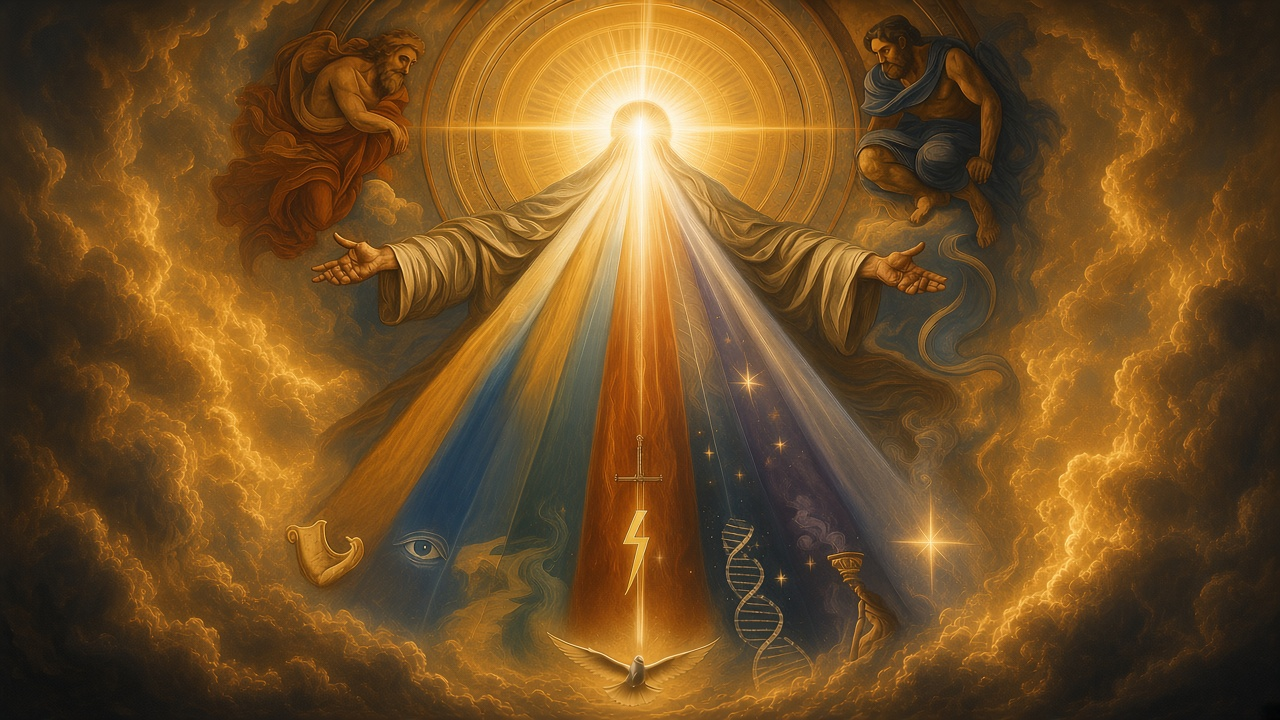 Celestial Living Promise artwork — light, witness figures, and covenant symbols